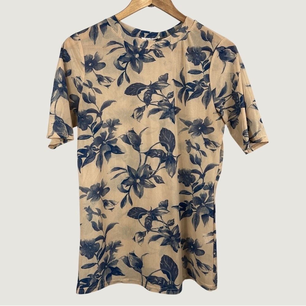 Ember Top XL Tan Blue Floral Mesh Sheer Short Sleeve SB5690 Casual Feminine